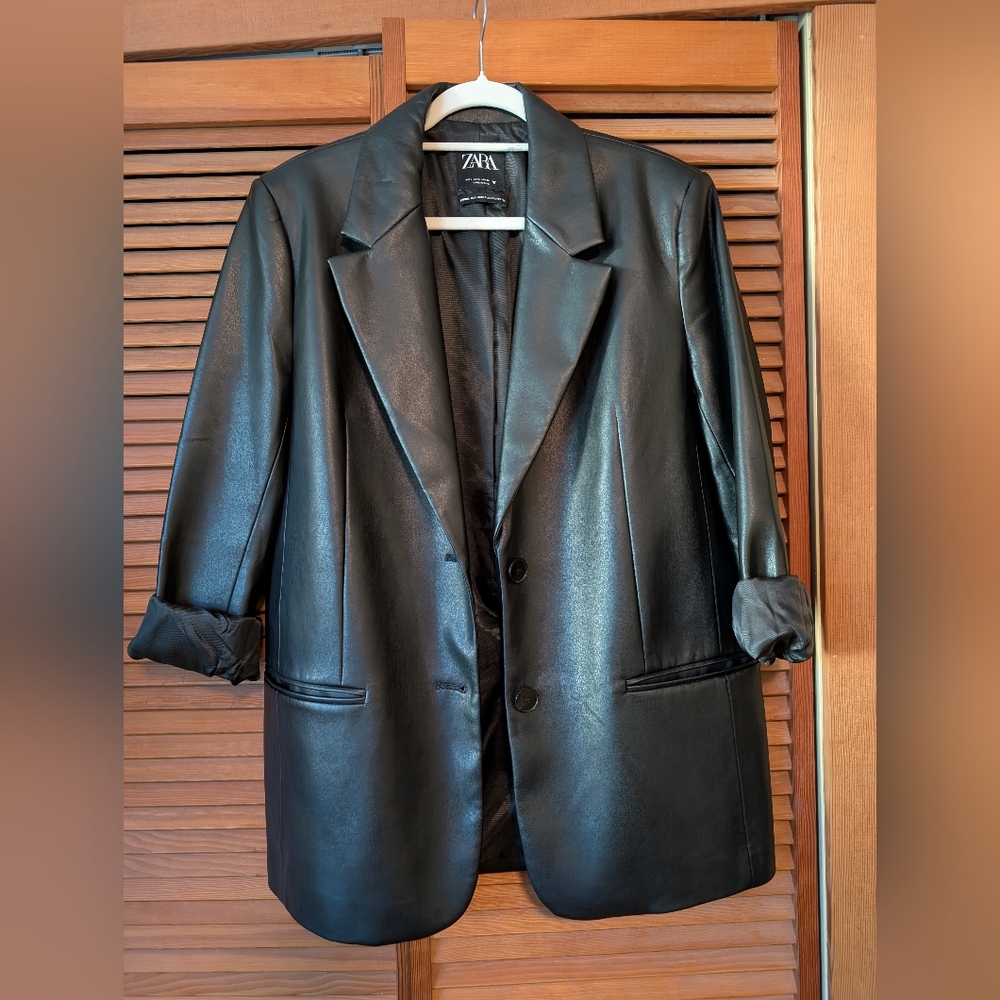 Zara Black Faux Leather Blazer, Large